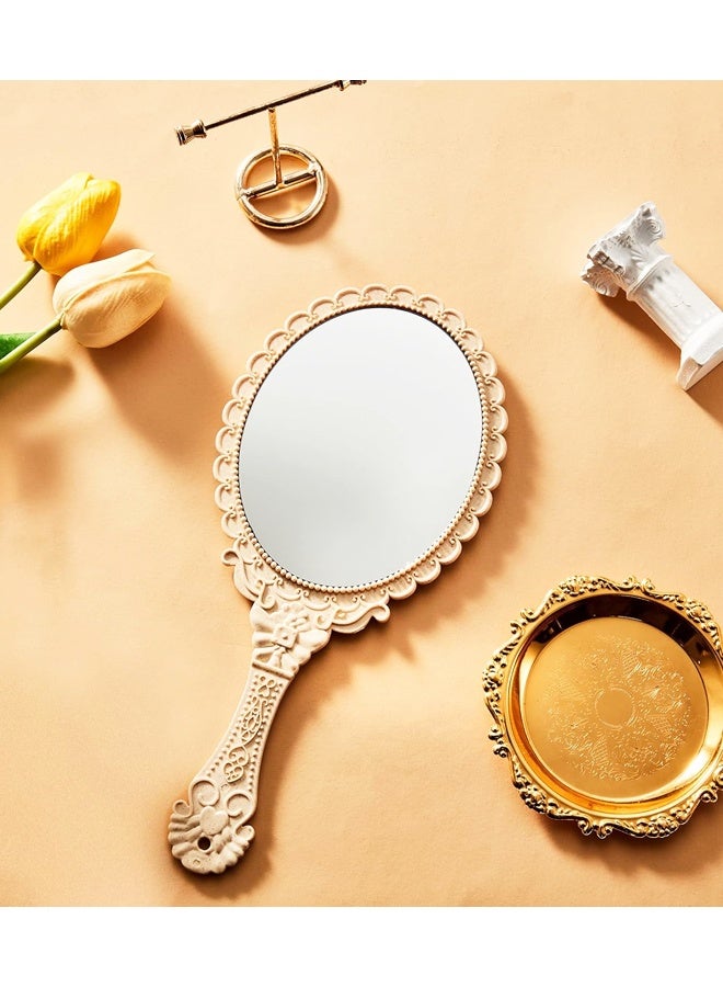 2 Pieces Vintage Handheld Mirror Portable Embossed Flower Mirror Hand Held Decorative Compact with Handle for Makeup Travel Personal - Image 3
